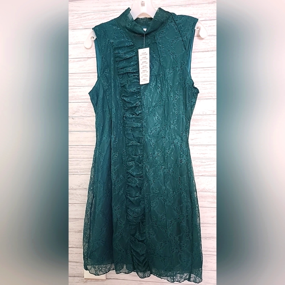 Urban Outfitters Estee Ruched Lace Mini Dress New NWT Turquoise Women's L Large